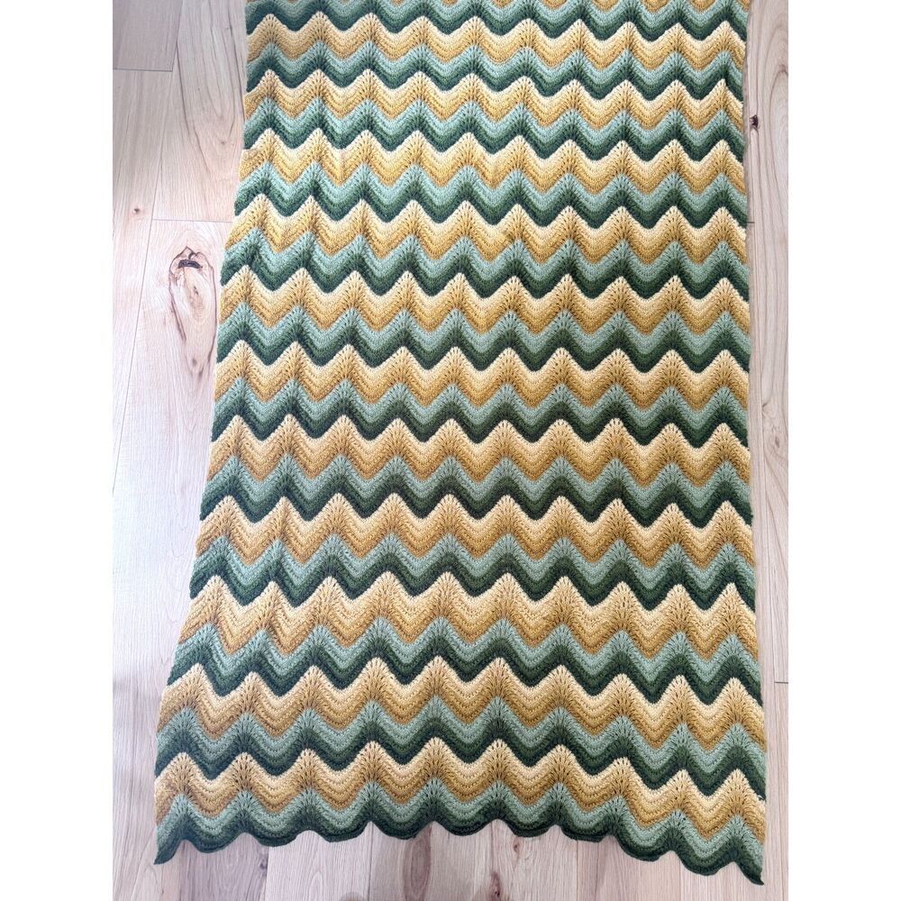 Handmade Crochet Chevron Blanket Green Gold Cream 80x42